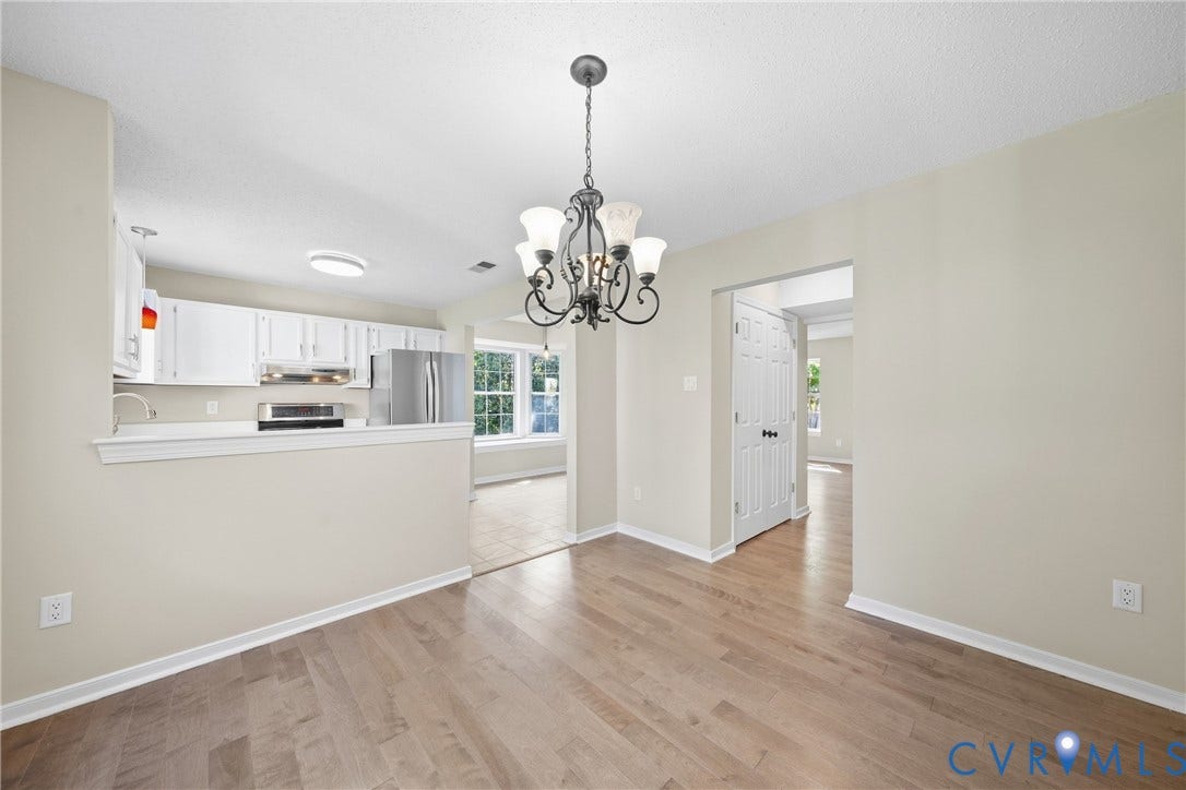 1852 Timberly Waye, Henrico, VA 23238 Hardwood-style flooring throughout, kitchen with white cabinetry, stainless steel appliances, and a pass-through counter