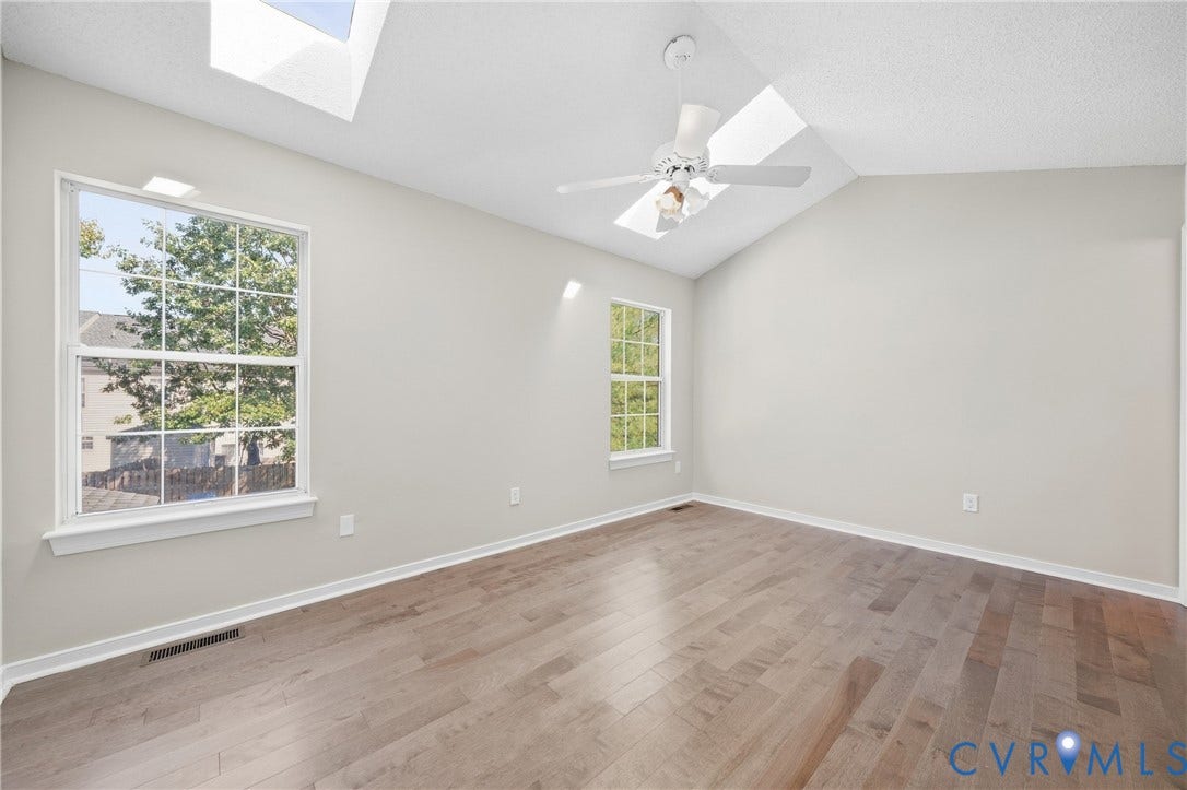 1852 Timberly Waye, Henrico, VA 23238 Vaulted ceiling with skylights, wood-finish flooring, two windows, and a ceiling fan