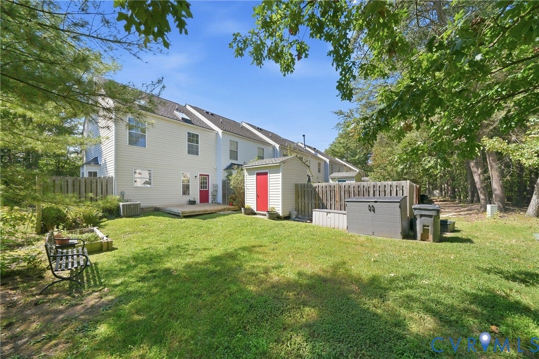 1852 Timberly Waye, Henrico, VA 23238 Expansive backyard with a manicured lawn, a wooden deck, and a detached storage shed