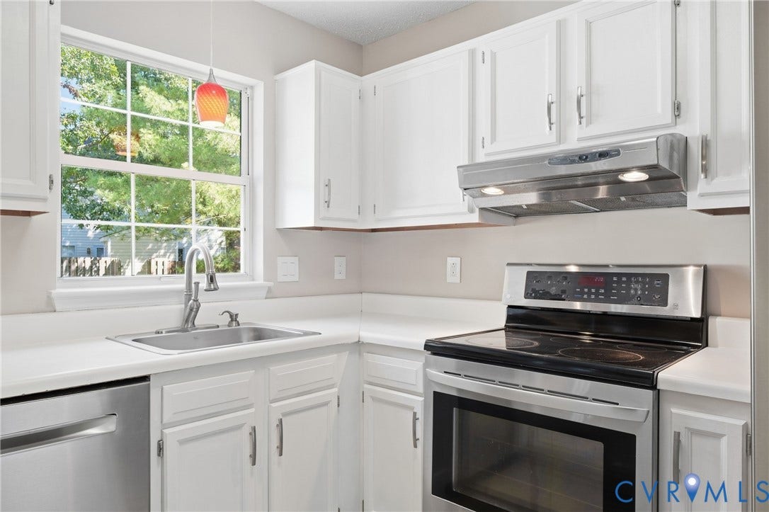 1852 Timberly Waye, Henrico, VA 23238 Kitchen featuring white cabinetry, stainless steel appliances, a stainless steel sink, and a window with grid detailing