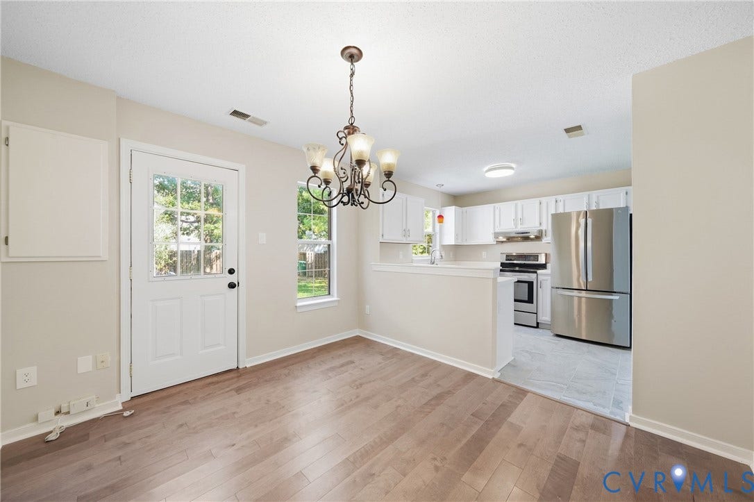 1852 Timberly Waye, Henrico, VA 23238 Wood-finish flooring, white paneled door with glass panels, classic chandelier, kitchen with white cabinetry, and stainless steel appliances