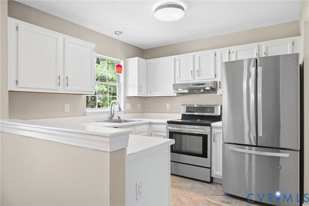 1852 Timberly Waye, Henrico, VA 23238 Kitchen featuring white cabinetry, stainless steel appliances, a window above the sink, and a breakfast bar
