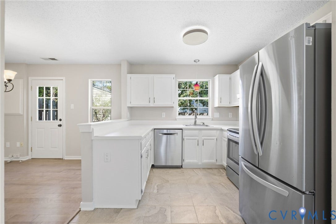 1852 Timberly Waye, Henrico, VA 23238 Kitchen featuring white cabinetry, stainless steel appliances, solid surface countertops, and tile flooring
