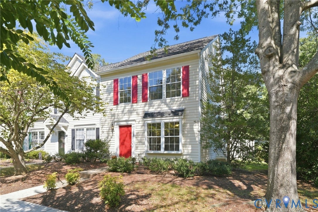 1852 Timberly Waye, Henrico, VA 23238 Two-story exterior with light-colored siding, red shutters, and a red entry door