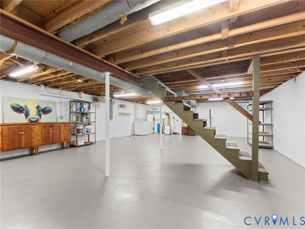3801 Old River Trail, Powhatan, VA 23139 Unfinished lower level featuring exposed wood-joist ceiling, painted concrete floor, structural steel beam, and open staircase with wood steps