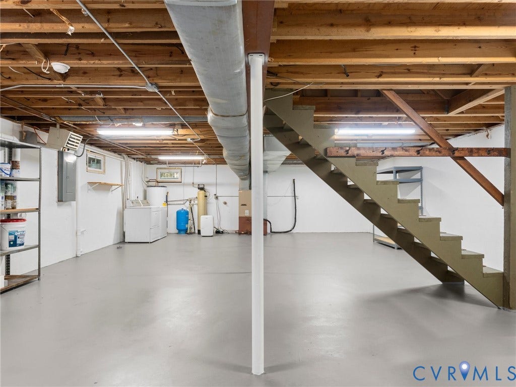 3801 Old River Trail, Powhatan, VA 23139 Unfinished lower level featuring an open floor plan, painted concrete flooring, exposed wood joist ceiling, and a structural steel support column