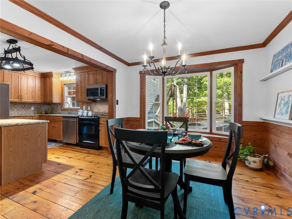 3801 Old River Trail, Powhatan, VA 23139 Wood-plank flooring, natural wood trim and wainscoting, bay window, metal chandelier, and kitchen featuring wood cabinetry and stone-surface countertops
