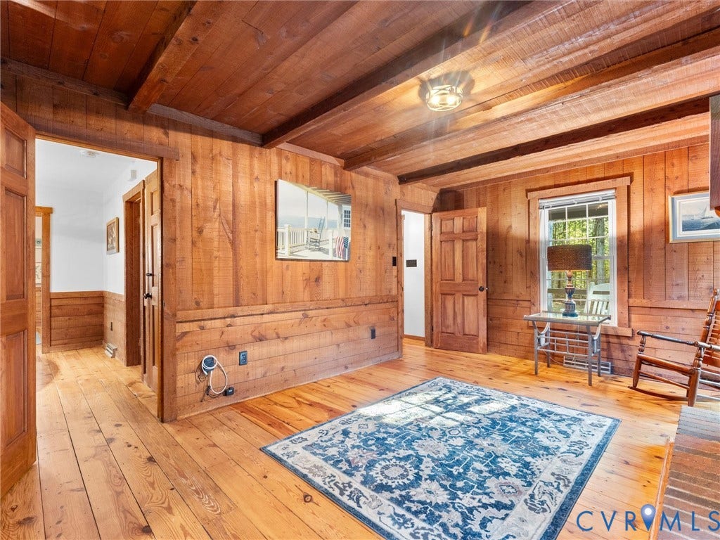 3801 Old River Trail, Powhatan, VA 23139 Interior featuring wood-paneled walls, exposed ceiling beams, wood-finish flooring, and multi-panel solid wood interior doors