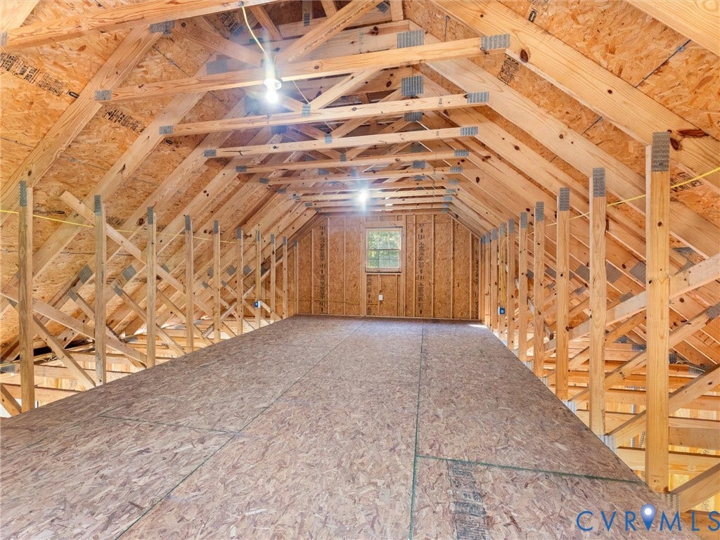 3801 Old River Trail, Powhatan, VA 23139 Unfinished attic space featuring exposed wood-frame trusses, engineered wood subflooring, oriented strand board walls, and a single window