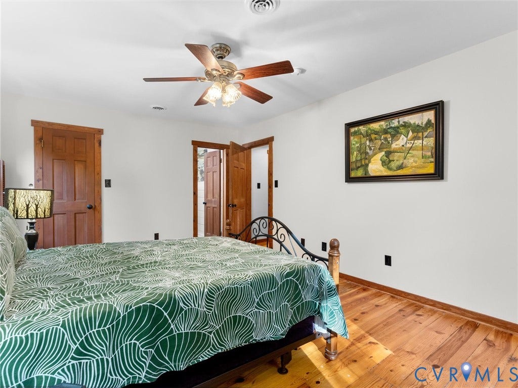 3801 Old River Trail, Powhatan, VA 23139 Wood-finish flooring, solid wood six-panel doors with matching trim, and a ceiling fan with integrated lighting