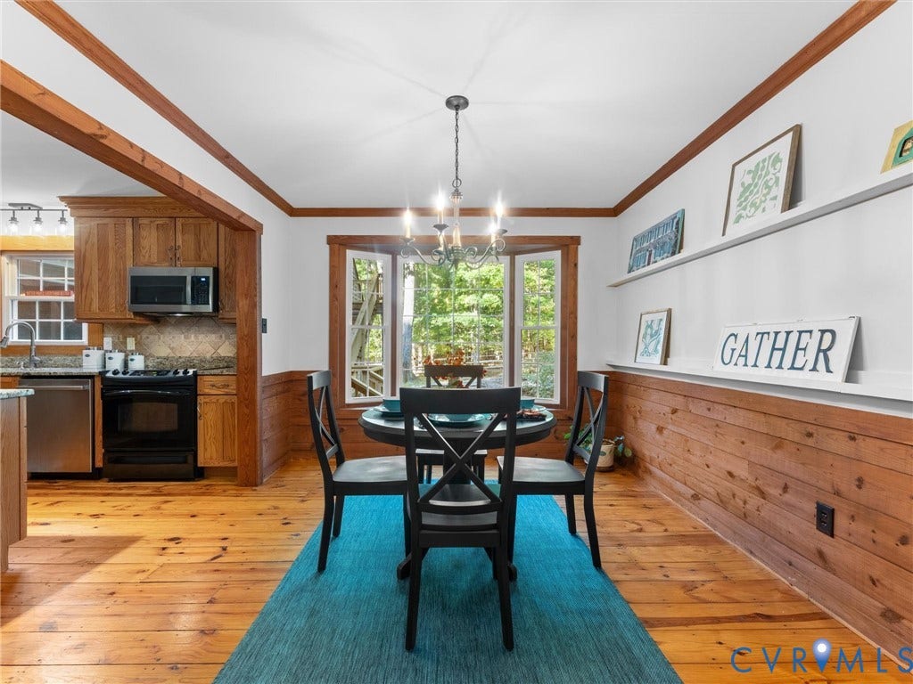 3801 Old River Trail, Powhatan, VA 23139 Dining area featuring wood-finish flooring, wood wainscoting, built-in wall shelving, a bay window, and a multi-arm chandelier