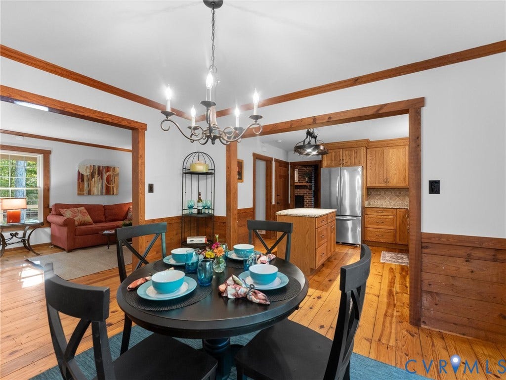 3801 Old River Trail, Powhatan, VA 23139 Dining area featuring wood-finish flooring, wainscoting, and a multi-light candelabra chandelier, opening to a kitchen equipped with wood cabinetry and a central island