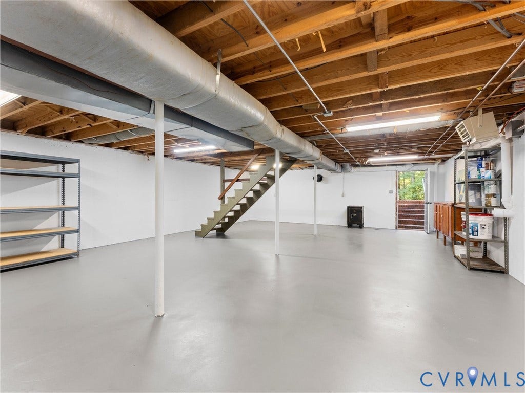3801 Old River Trail, Powhatan, VA 23139 Finished lower level featuring painted concrete flooring, white walls, exposed timber ceiling joists, and direct exterior access via stairs