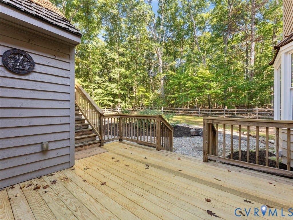 3801 Old River Trail, Powhatan, VA 23139 Elevated wood deck featuring vertical wood railing, stairs with wooden handrail, and horizontal lap siding exterior