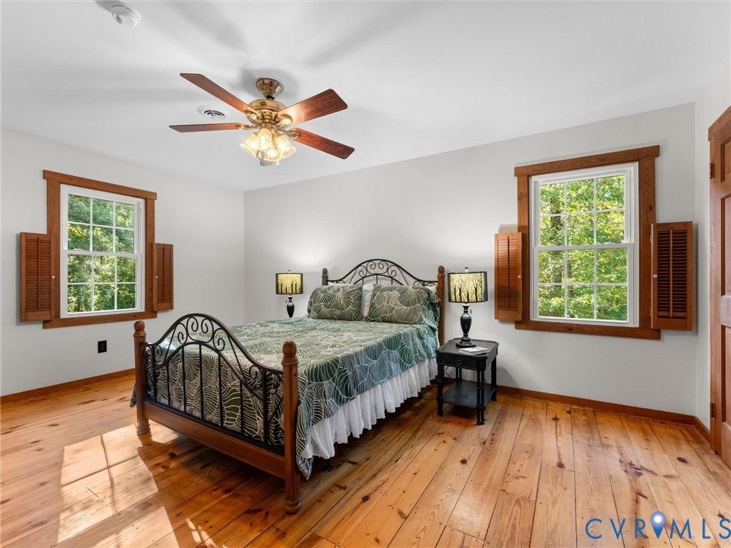 3801 Old River Trail, Powhatan, VA 23139 Wood-finish flooring, natural light through multi-pane windows, wood window trim, louvered shutters, and a ceiling fan with integrated lighting