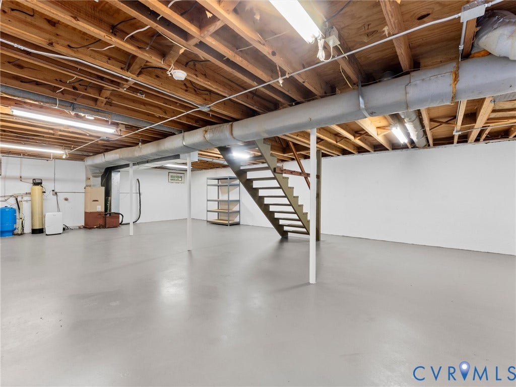 3801 Old River Trail, Powhatan, VA 23139 Open basement area featuring painted concrete flooring, exposed wood joist ceiling, painted masonry walls, and linear fluorescent lighting