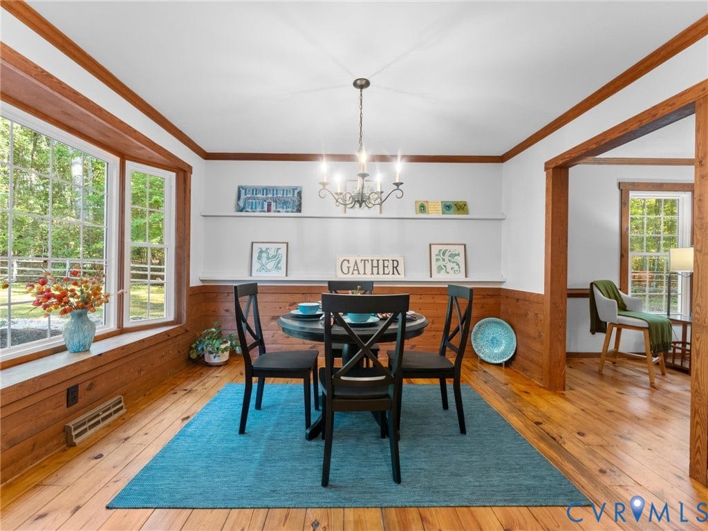 3801 Old River Trail, Powhatan, VA 23139 Dining area featuring wood-plank flooring, half-wall wainscoting, bay windows, and tiered wall-mounted shelving, finished with a multi-arm chandelier
