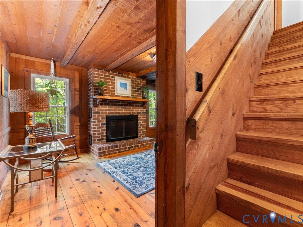 3801 Old River Trail, Powhatan, VA 23139 Interior space featuring wood-plank walls and ceiling, brick fireplace with a wood mantel, and wood-finish staircase