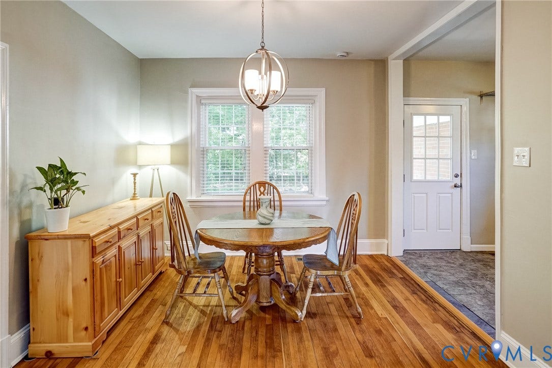 Hardwood flooring, painted walls, window with blinds, overhead light fixture, paneled door with window