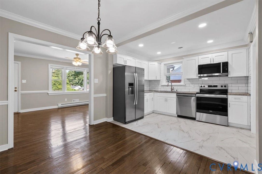 1215 Starling Drive, Henrico, VA 23229 Contemporary kitchen featuring white cabinetry, stainless steel appliances, a subway tile backsplash, and light-toned flooring
