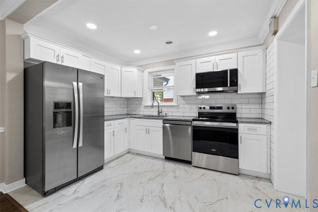 1215 Starling Drive, Henrico, VA 23229 Kitchen featuring white shaker cabinetry, stainless steel appliances, a white subway tile backsplash, granite countertops, and light-toned flooring