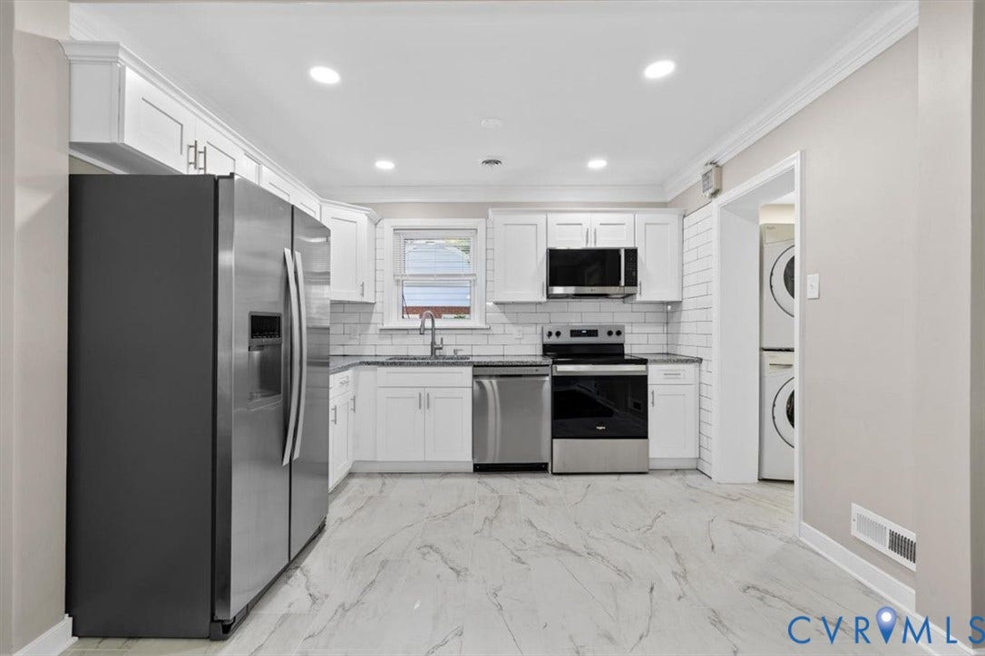 1215 Starling Drive, Henrico, VA 23229 Kitchen featuring white cabinetry, stainless steel appliances, a subway tile backsplash, recessed lighting, and marble-look flooring