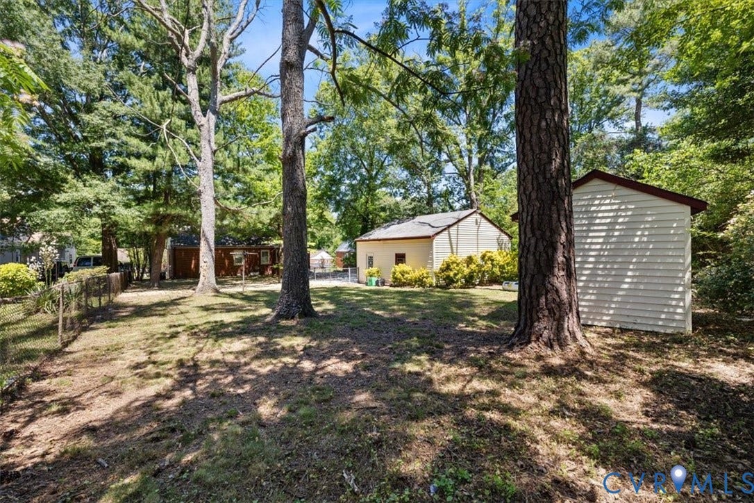1215 Starling Drive, Henrico, VA 23229 Expansive backyard featuring mature trees, a chain-link fence, and a detached shed with horizontal siding