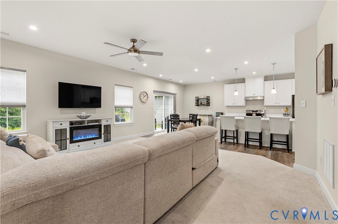4837 Bacova Village Trail, Glen Allen, VA 23059 Open-concept living area with recessed lighting and a ceiling fan