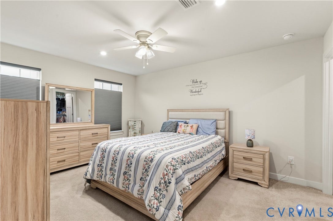 4837 Bacova Village Trail, Glen Allen, VA 23059 Recessed lighting, ceiling fan with light fixture, high windows with cellular blinds, light-toned carpeting