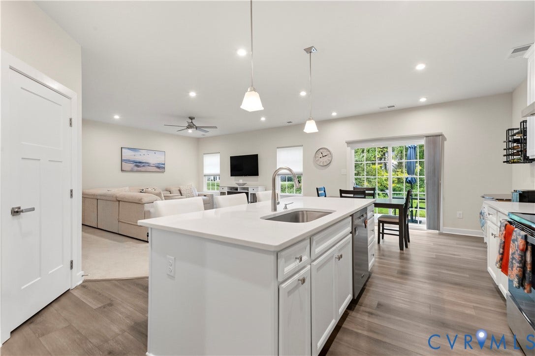 4837 Bacova Village Trail, Glen Allen, VA 23059 Modern kitchen island with a stainless steel sink, white cabinetry, and pendant lighting