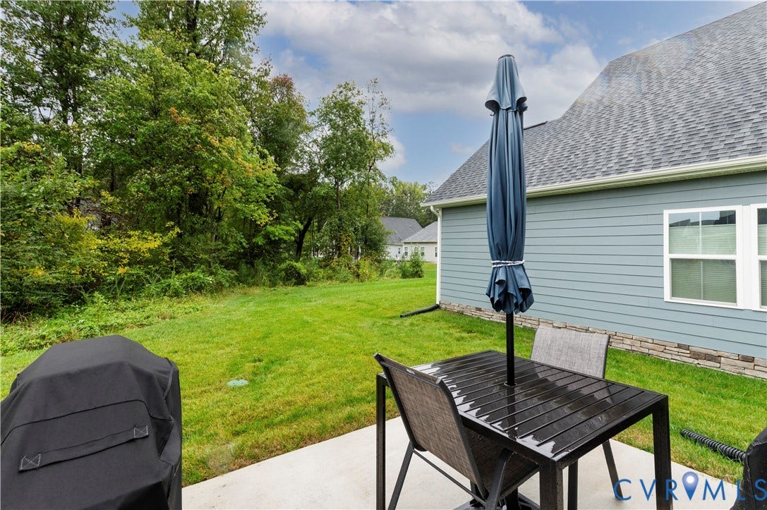 4837 Bacova Village Trail, Glen Allen, VA 23059 Expansive green lawn with mature trees and a concrete patio
