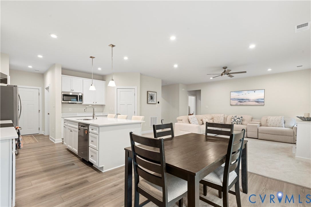 4837 Bacova Village Trail, Glen Allen, VA 23059 Kitchen with white cabinetry, stainless steel appliances, and a central island with countertop seating