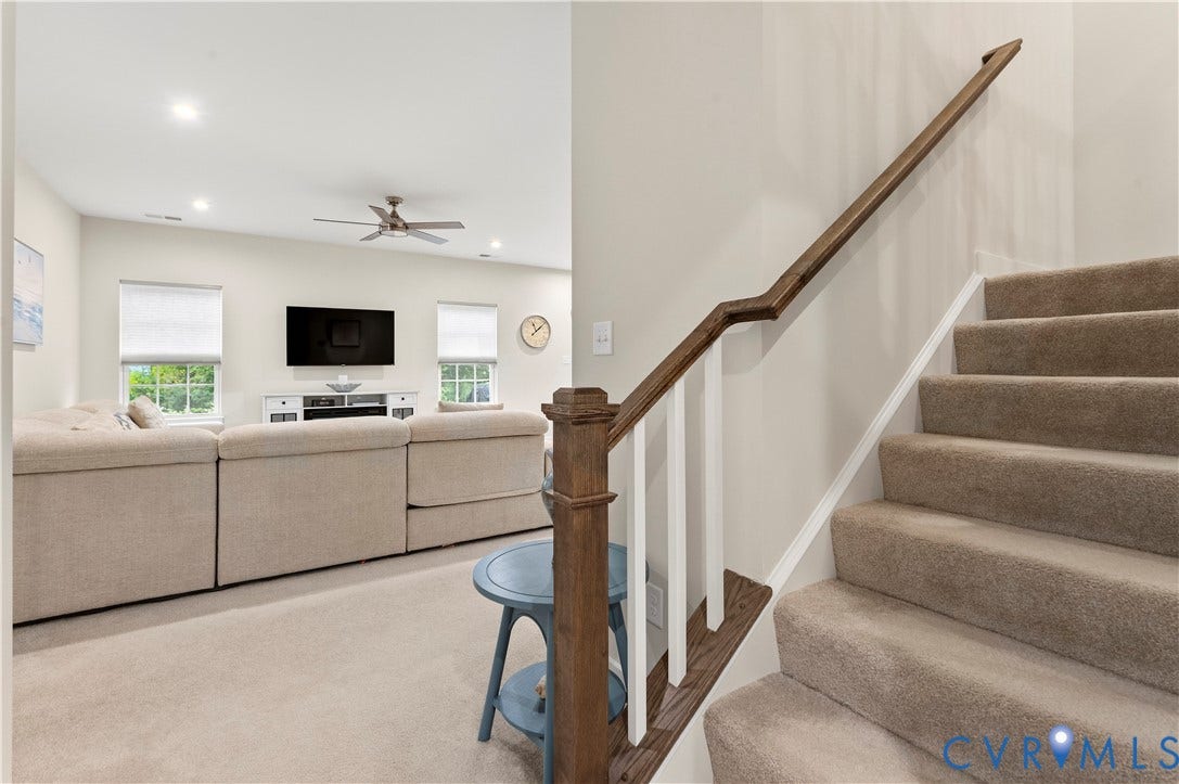 4837 Bacova Village Trail, Glen Allen, VA 23059 Carpeted staircase with wood-finish handrail and white balusters