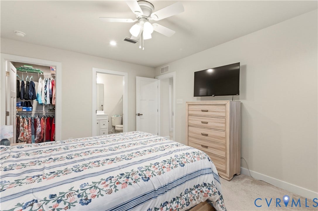4837 Bacova Village Trail, Glen Allen, VA 23059 Ceiling fan, recessed lighting, carpet flooring, built-in closet with wire shelving, white interior doors