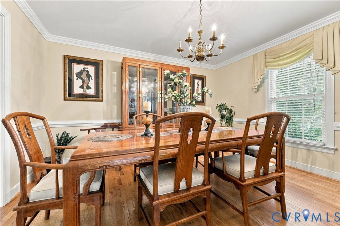 8307 Wallingford Lane, Chickahominy Bluffs, Henrico, VA 23227 Hardwood flooring, crown molding, chair rail, and a brass-finish chandelier