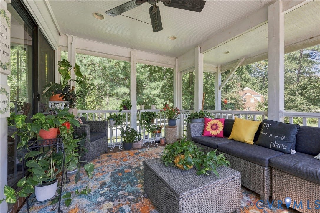 8307 Wallingford Lane, Chickahominy Bluffs, Henrico, VA 23227 Screened porch featuring a ceiling fan, recessed lighting, and a sliding glass door