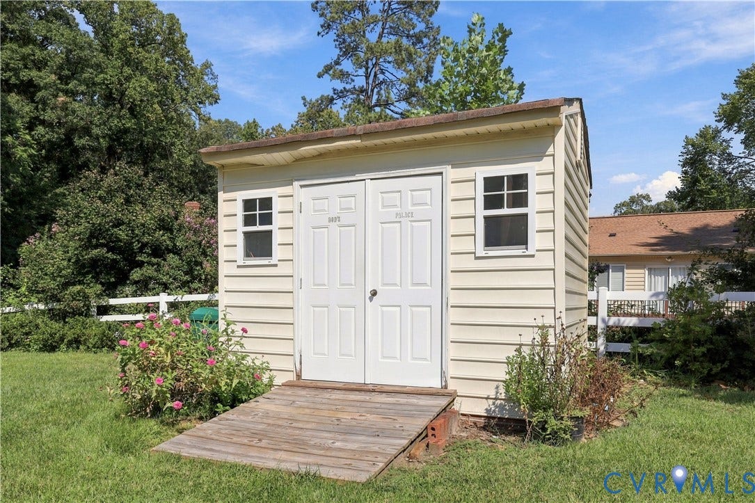 8307 Wallingford Lane, Chickahominy Bluffs, Henrico, VA 23227 Utility shed with siding exterior, dual pane windows, and a wood ramp entry