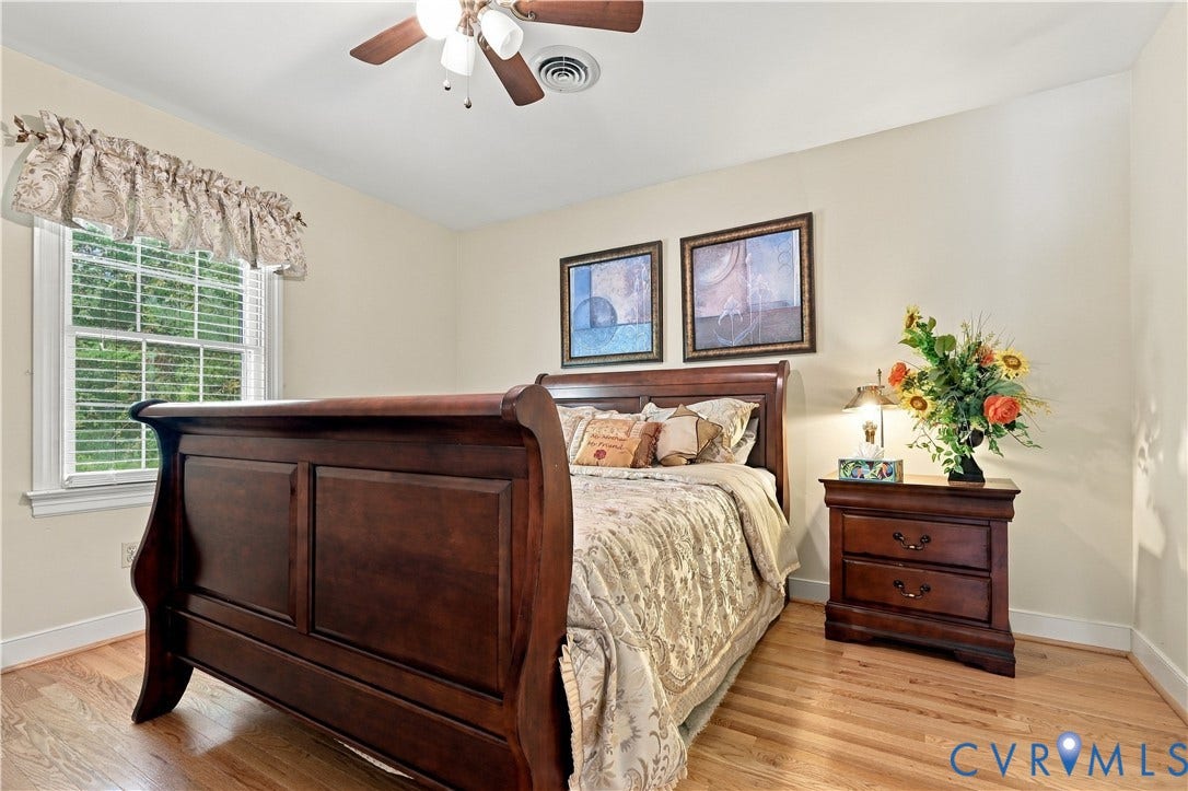 8307 Wallingford Lane, Chickahominy Bluffs, Henrico, VA 23227 Hardwood flooring, painted walls, ceiling fan with integrated lighting, and a double-pane window with blinds