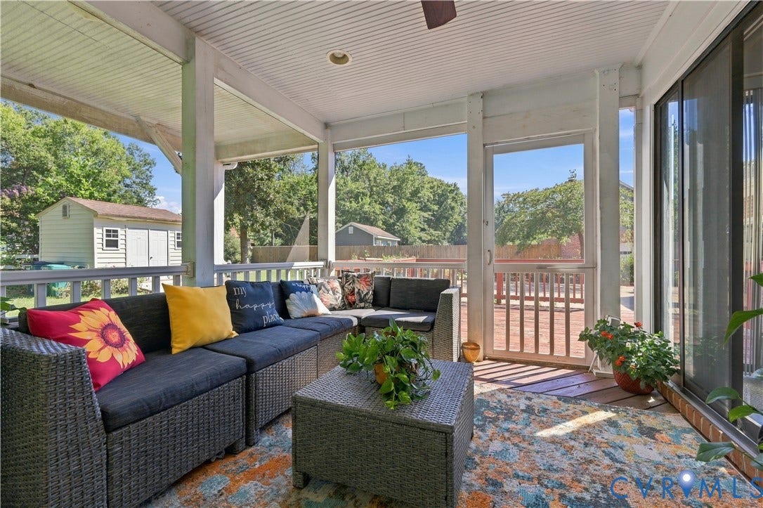 8307 Wallingford Lane, Chickahominy Bluffs, Henrico, VA 23227 Screened porch with a textured ceiling, a ceiling fan, and a wood-look deck