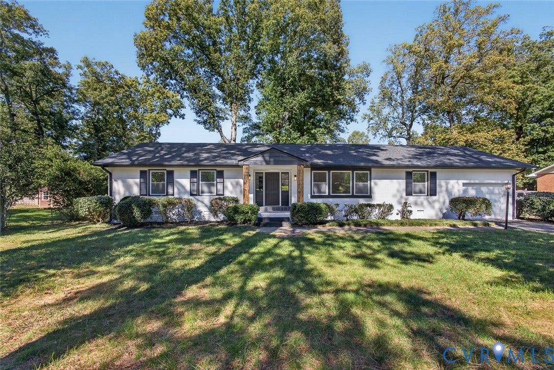 1122 Glidewell Road, Henrico, VA 23227 Single-story residence featuring a painted brick exterior, dark-trimmed window shutters, an asphalt shingle roof, and an integrated garage