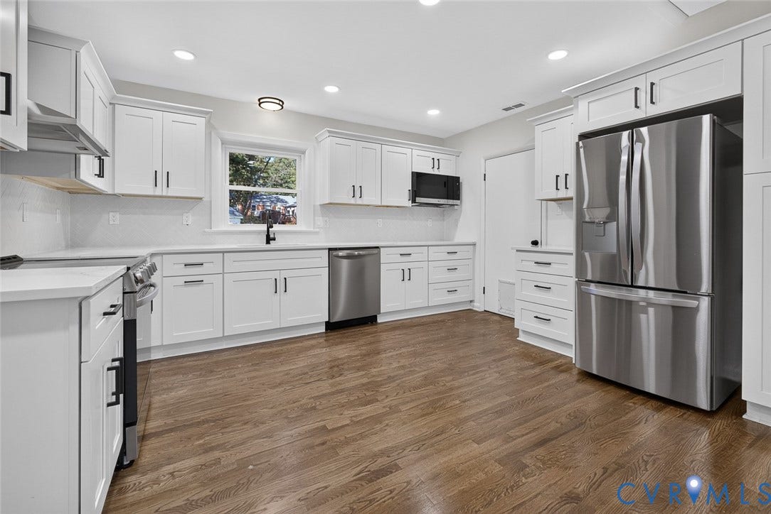 1122 Glidewell Road, Henrico, VA 23227 Kitchen featuring white shaker-style cabinetry, stainless steel appliances, wood-finish flooring, recessed lighting, and solid-surface countertops