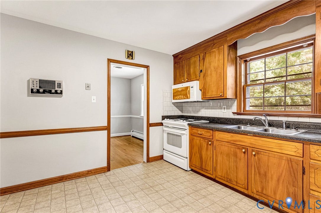 5215 Sprucewood Avenue, North Chesterfield, VA 23234 Wood-finish cabinetry with a double basin sink, white tile backsplash, and light-toned flooring