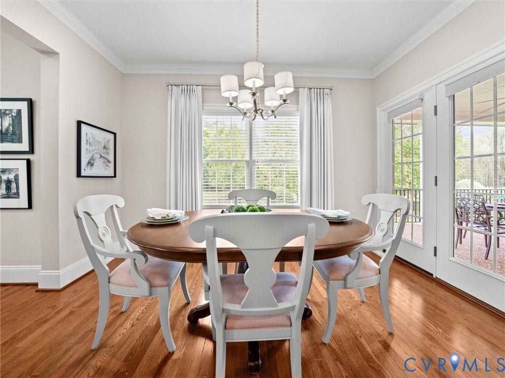 Hardwood flooring, crown molding, French doors, chandelier, and window blinds