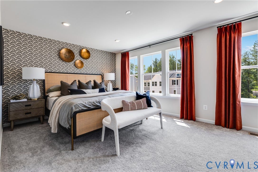8708 Pullman Lane, Chesterfield, VA 23832 Patterned accent wall, three large windows, recessed lighting, and soft grey carpeting