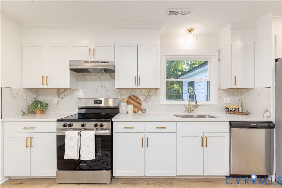 6015 Seaman Road, Westover, Richmond, VA 23225 White cabinetry with gold-tone hardware, stainless steel appliances, white countertops, and a white and grey veined backsplash
