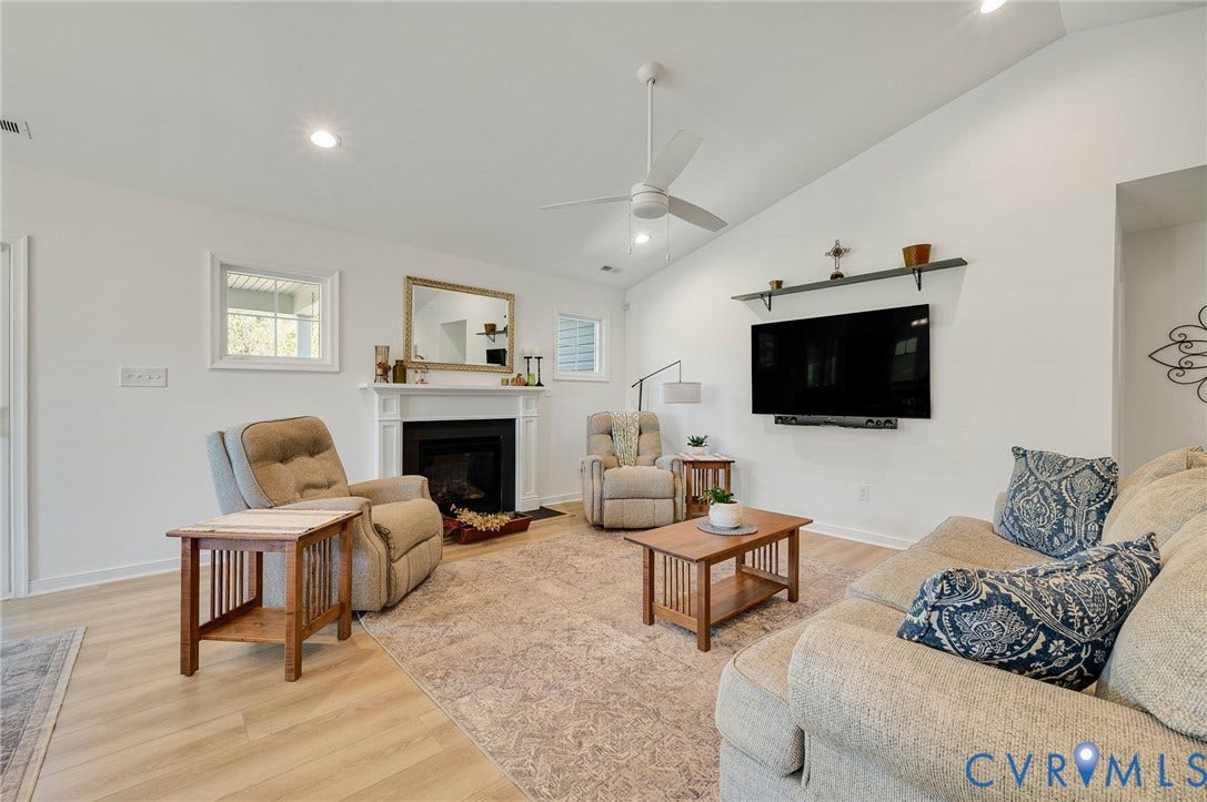 11804 Rydal Way, Cobbs Creek, Glen Allen, VA 23059 Vaulted ceiling, recessed lighting, wood-finish flooring, fireplace with mantel, ceiling fan