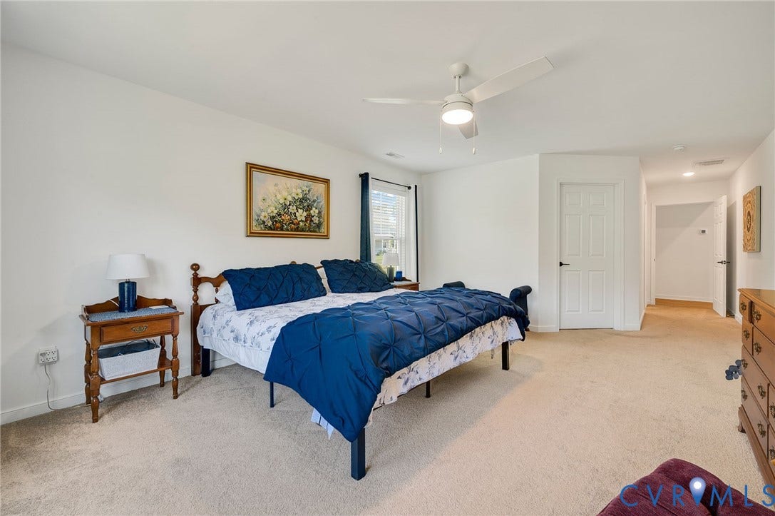 11804 Rydal Way, Cobbs Creek, Glen Allen, VA 23059 Neutral tone carpeting throughout, white painted walls, and a ceiling fan with integrated lighting