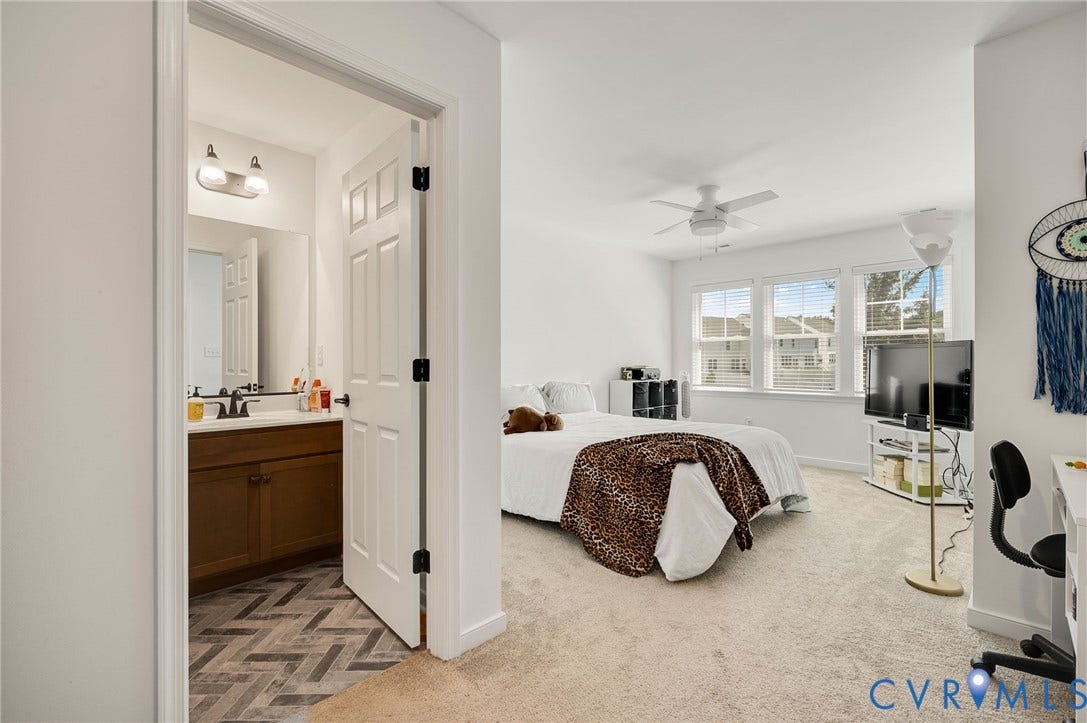 11804 Rydal Way, Cobbs Creek, Glen Allen, VA 23059 Carpeted room featuring a ceiling fan, multiple windows with blinds, and a doorway to a bathroom
