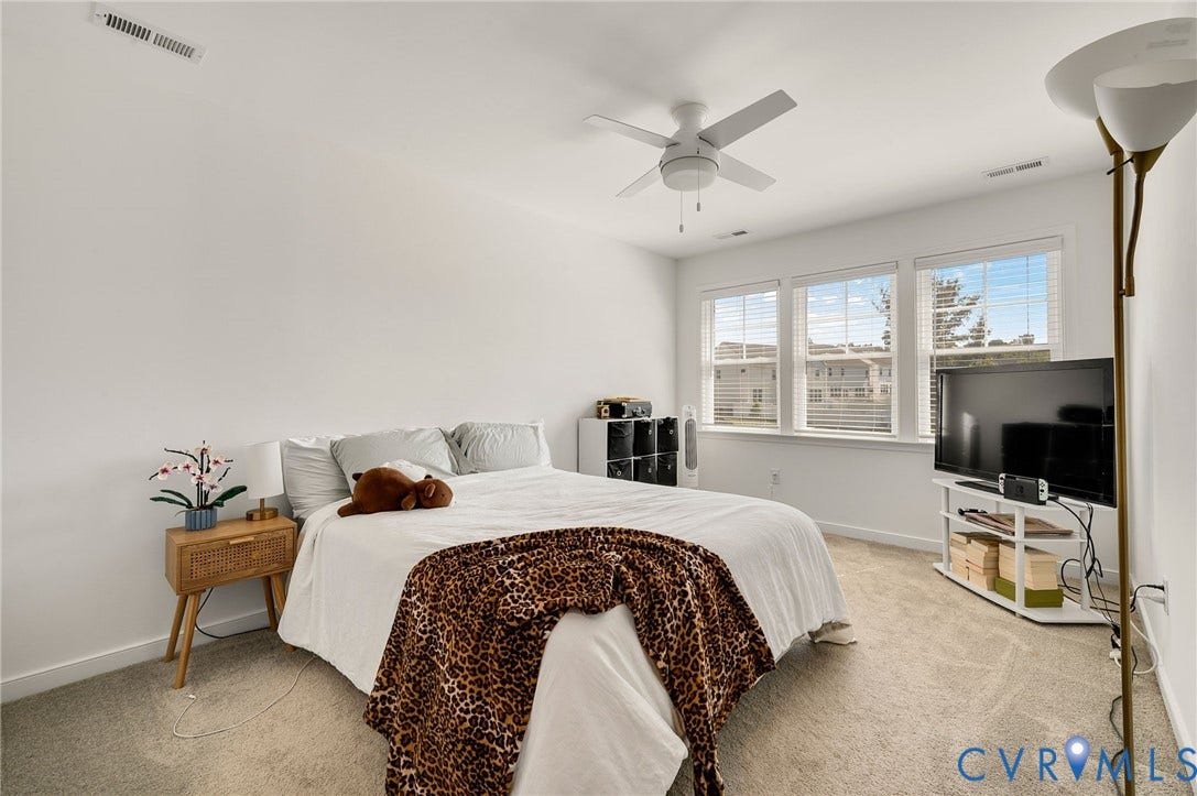 11804 Rydal Way, Cobbs Creek, Glen Allen, VA 23059 Carpeted flooring, white walls, multiple windows with blinds, and a ceiling fan with integrated lighting