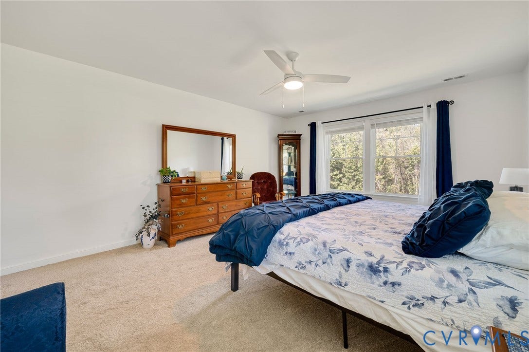 11804 Rydal Way, Cobbs Creek, Glen Allen, VA 23059 Neutral wall paint, carpeted flooring, double window, and ceiling fan with integrated lighting